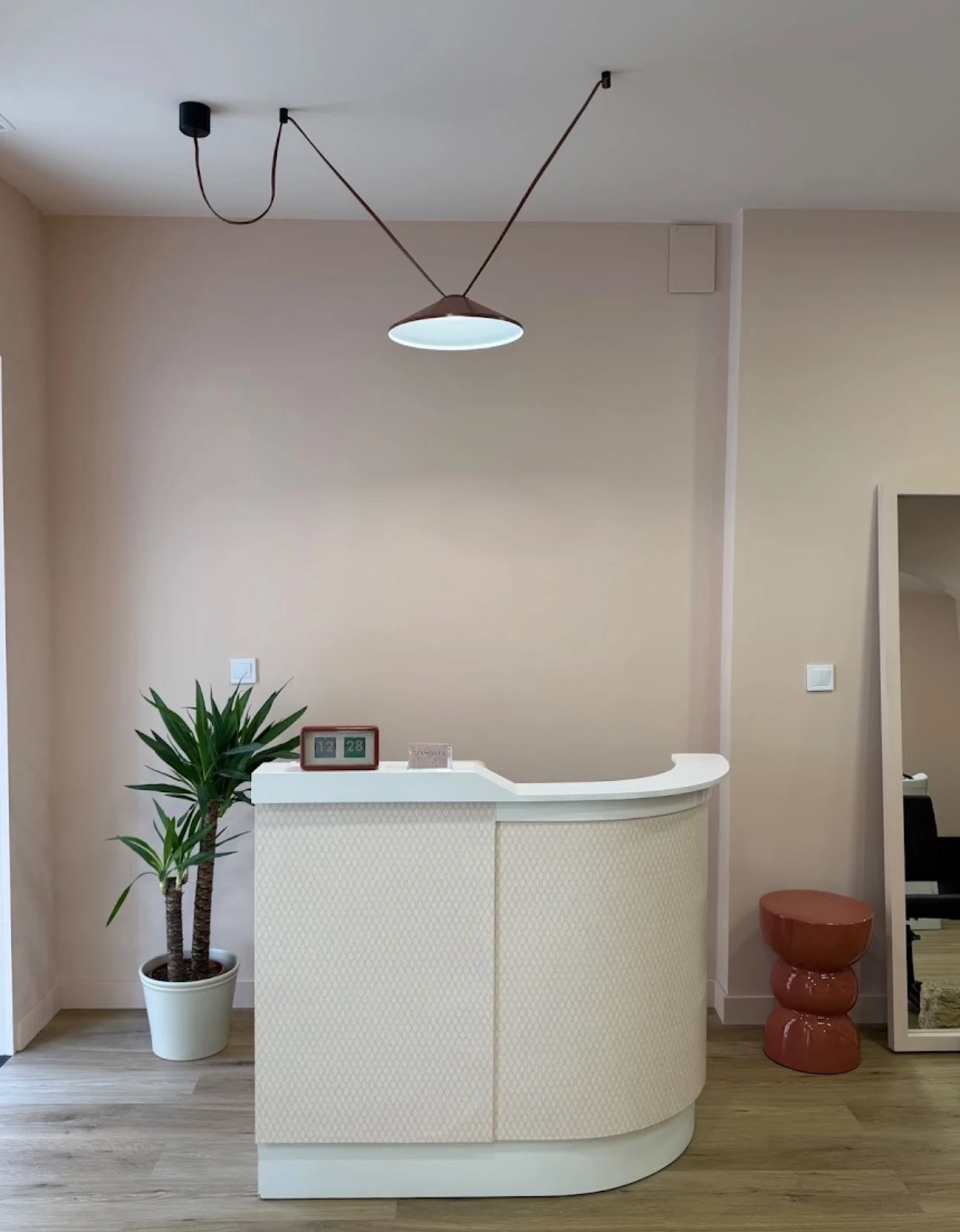 Recepción del salón con mostrador curvo, planta y paredes rosadas